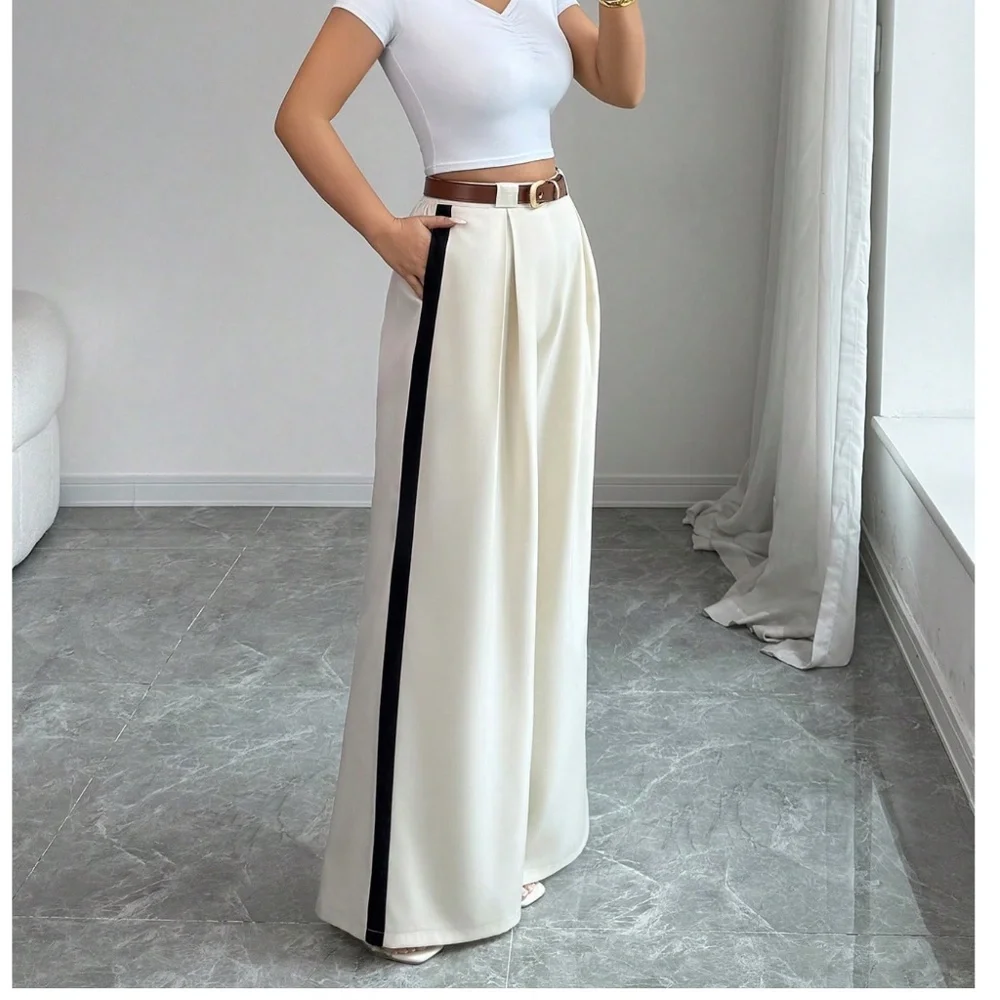 Classic Solid Stretchy Waist Pleated Pockets Wide leg Trouser Pants